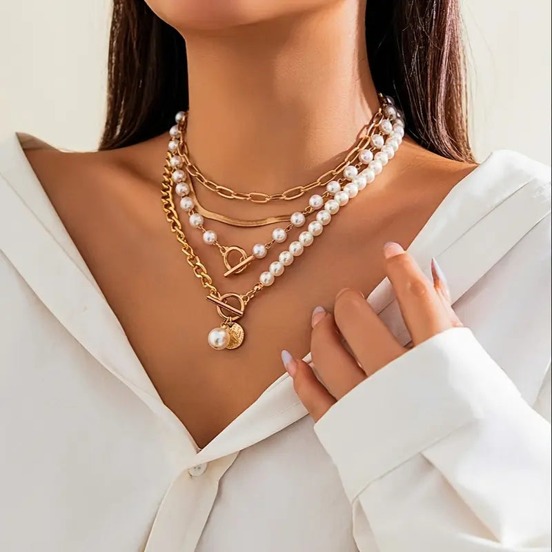 Retro Pärl- och Guldormkedja Halsband Set