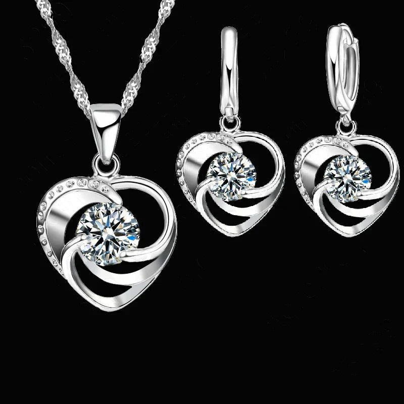 Sterling Silver Heart Necklace and Earrings Set
