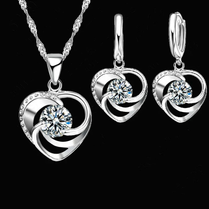 Sterling Silver Heart Necklace and Earrings Set