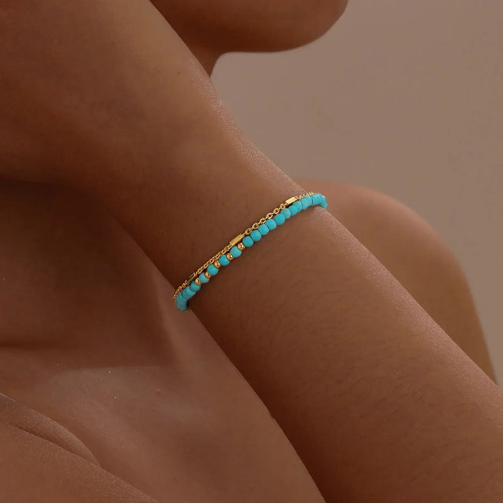 Tidlös Guld Dubbelkedja Armband med Turkos