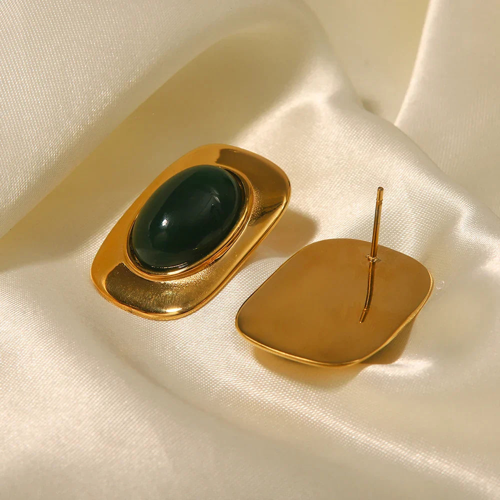 Vintage 18K Guldpläterade Ovala Örhängen med Gröna Opaler